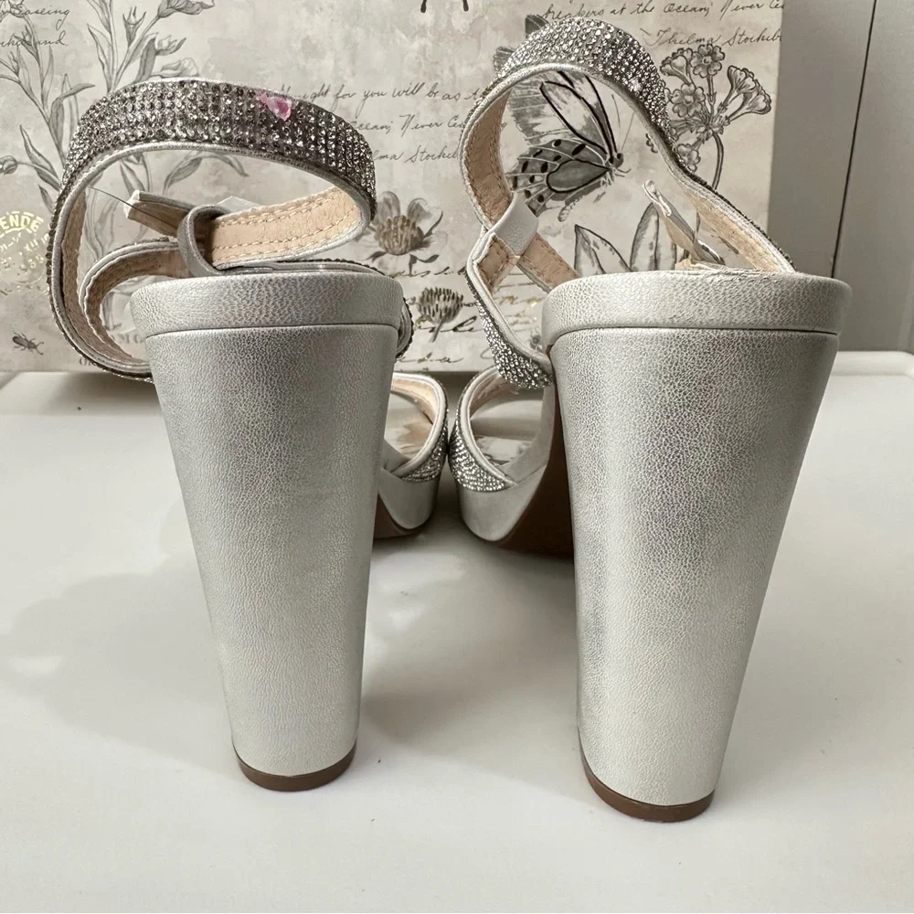 Sugar Prislla 2 Sling Back Open Toe Rhinestone Platform Heels Silver Size 9.5